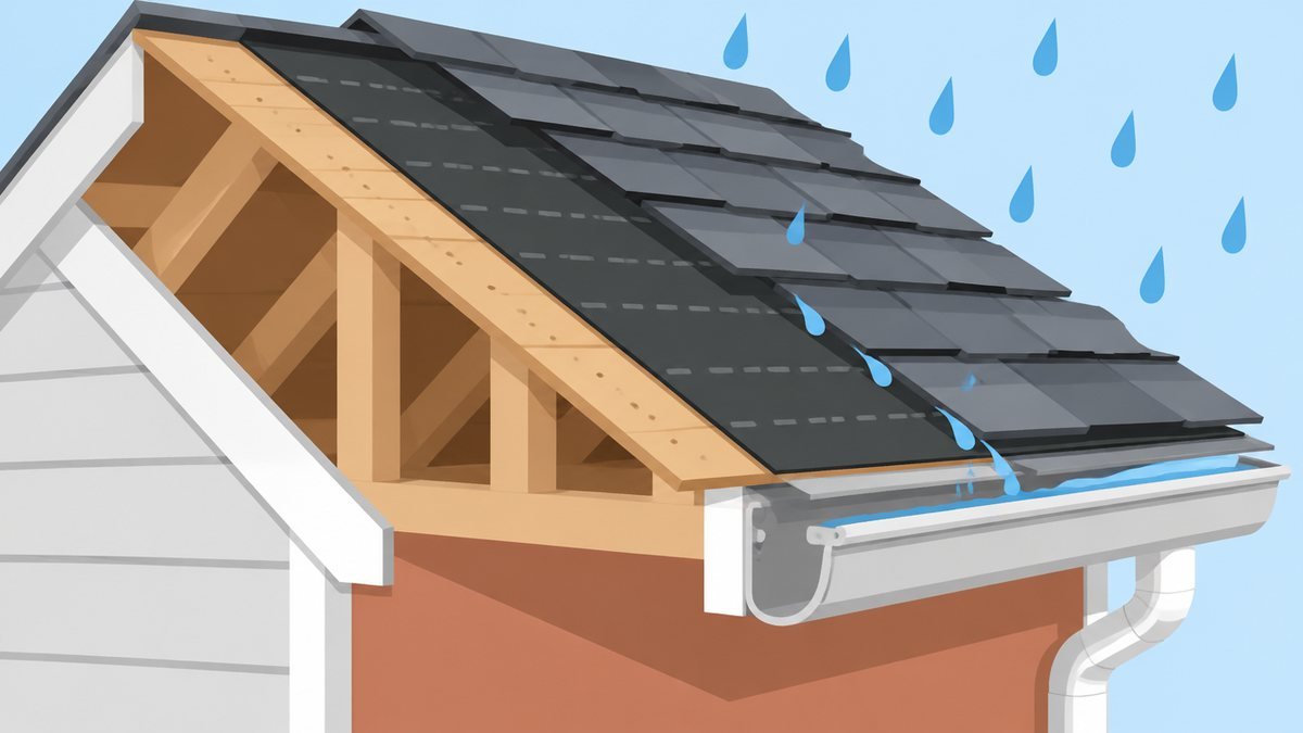 Flat illustration of a house roof cut away to show framing, deck, underlayment and shingles, with raindrops running down to a gutter