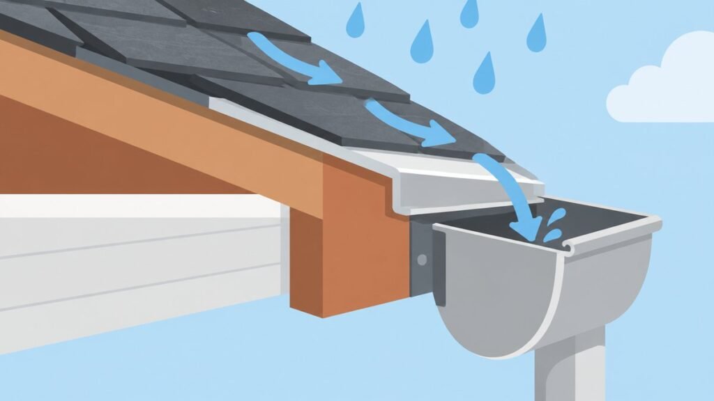 Flat illustration of a roof edge in cross section with a metal drip edge, shingles, a gutter and arrows showing rainwater flowing off the eave