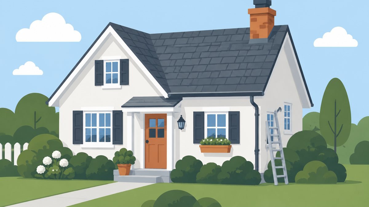 Illustration of a cozy house with a slate shingle roof, a terracotta chimney, a gutter with a downspout and a ladder, surrounded by green bushes